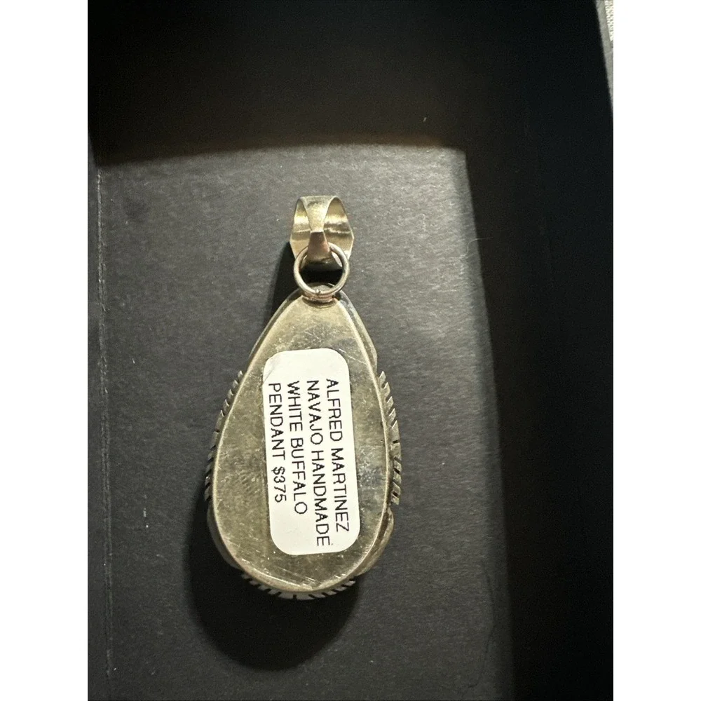 Navajo White Buffalo Turquoise Pendant By Alfred Martinez Sterling